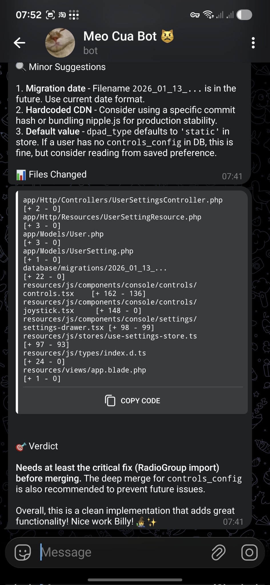 Reeve PR review feedback delivered in Telegram