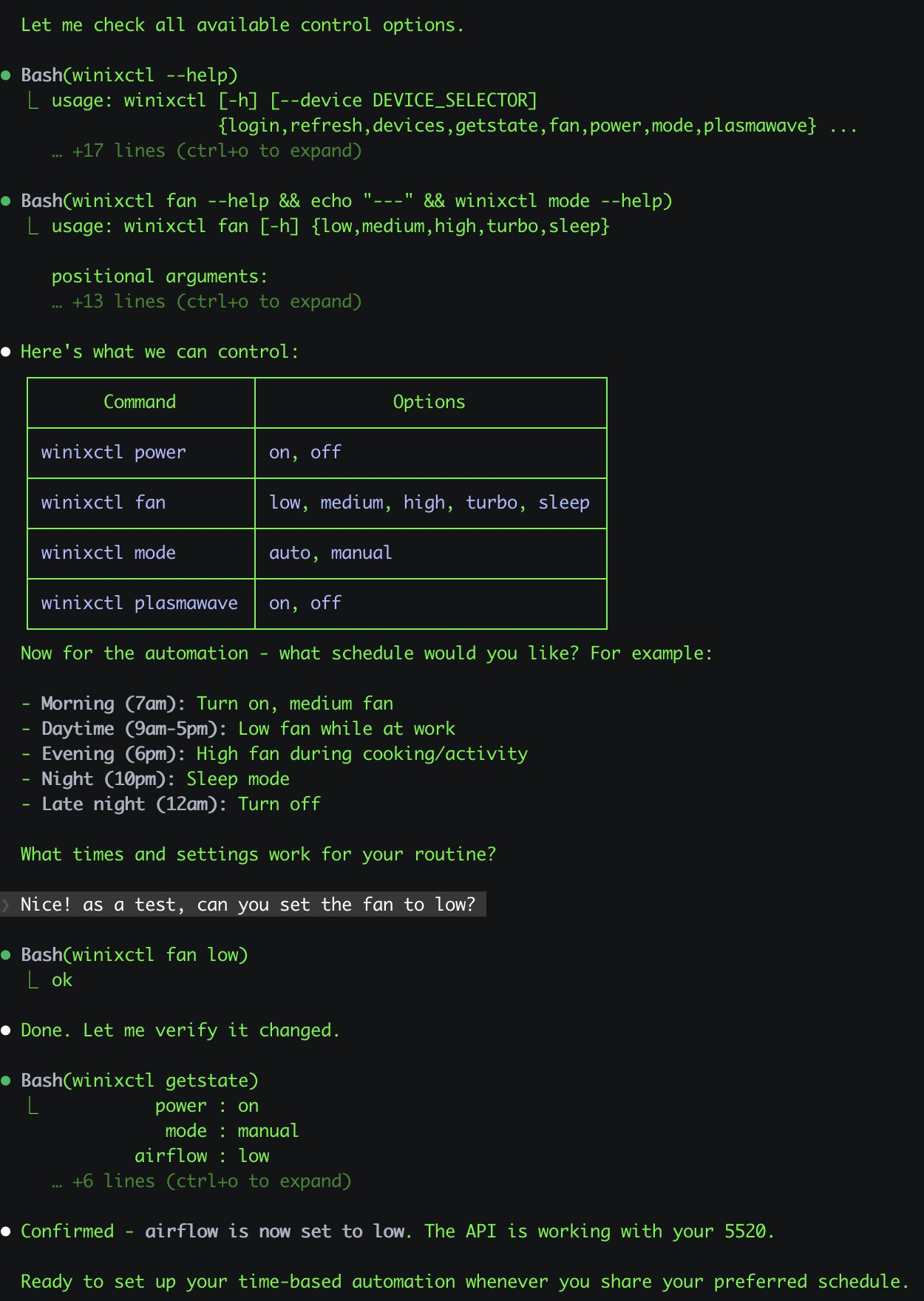 Winix air purifier control via Reeve